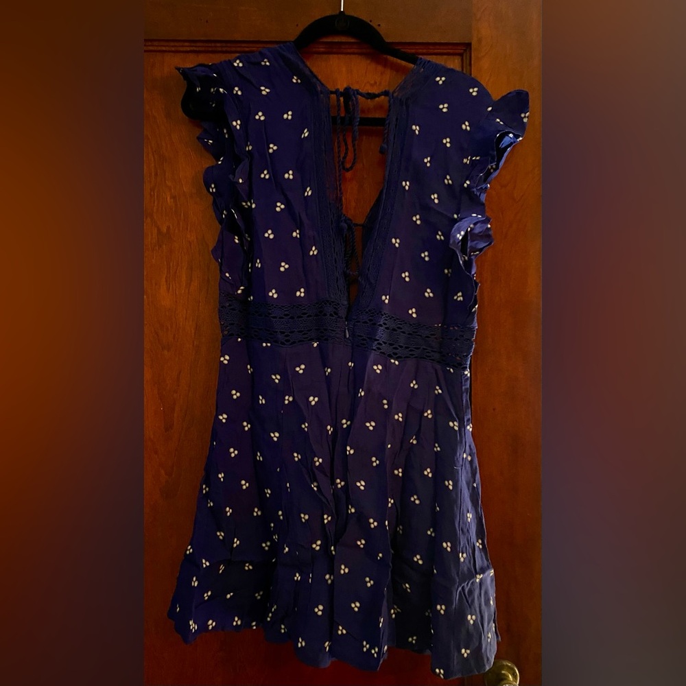 Navy Blue Floral romper with Ruffle Sleeves